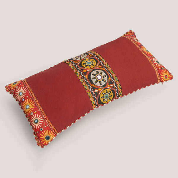 Medha Maroon Kutchi Hand Embroidered Cotton Cushion Cover