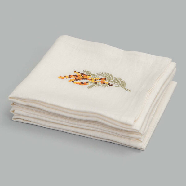 Herbs Ecru Hand Embroidered Linen Napkin (Assorted set of 4)
