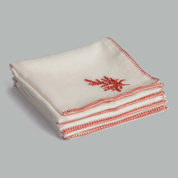 Fern Ecru / Red Hand Embroidered Cotton Linen Napkin (Set of 4)