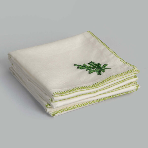Fern Ecru / Green Hand Embroidered Cotton Linen Napkin (Set Of 4)