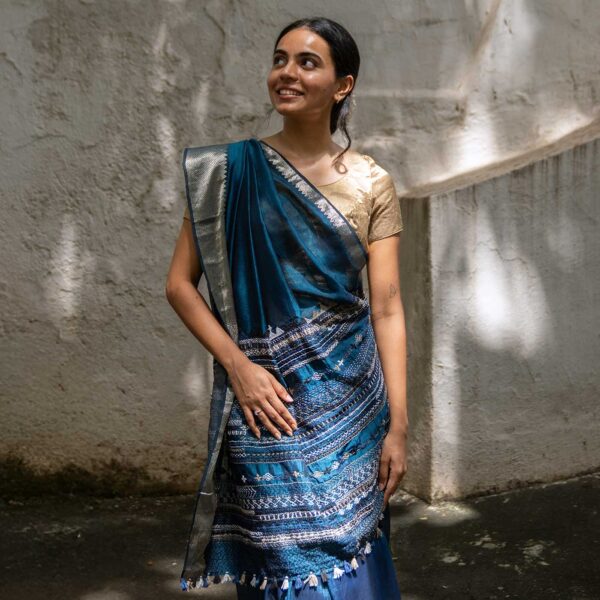 Parool Teal Banjara Hand Embroidered Silk Cotton Saree